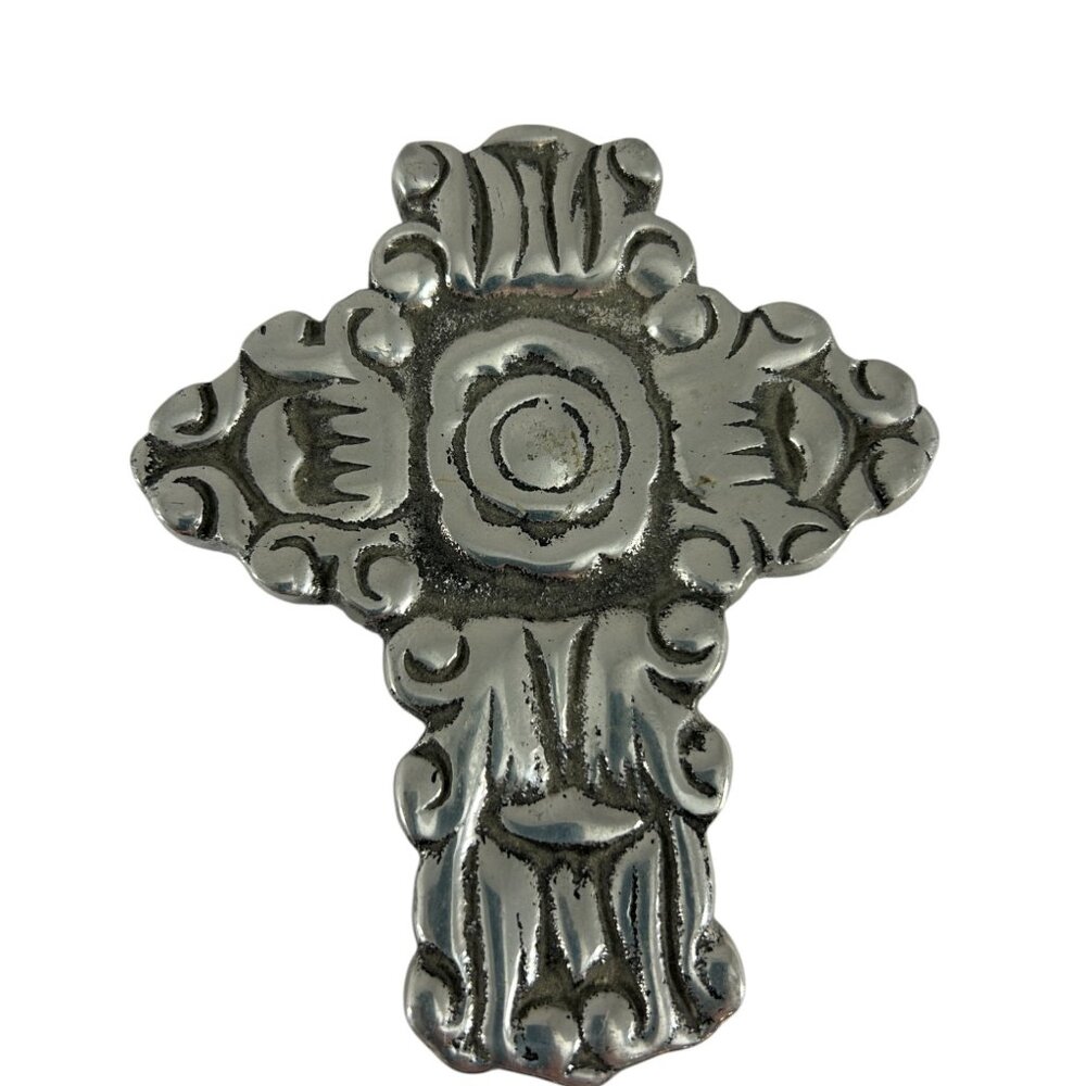 Vintage Cast Aluminum Wall Hanging Cross Religious Spiritual Ornate 5.5" X 4.5"
